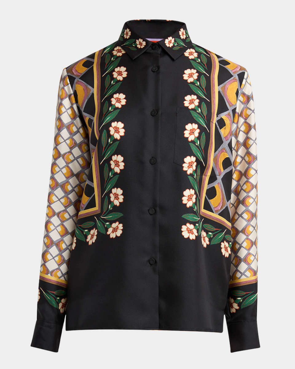 Place-Print Silk Button-Down Boy Shirt